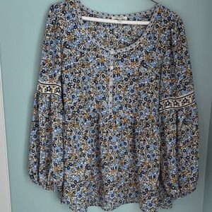 Max Studio Blue and Brown Floral Blouse Size Large